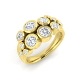 A large lab-grown diamond bubble cluster ring in 9ct yellow gold, with multiple bezel-set diamonds of various sizes, on a white background.